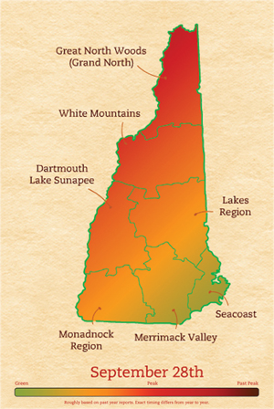뉴햄프셔 단풍 표시 지도. New Hampshire foliage 로 검색해 찾아 볼 수 있다 