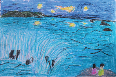 협의회장상을 수상한 하광명 학생(뉴잉글랜드 한국학교 4학년 고구려반)의 작품, 나이아가라 폭포 여행을 그렸다