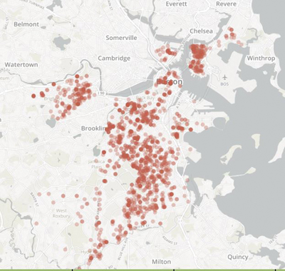 지난 2012년 1월부터 2016년 8월 28일까지 베드버그 신고 총 1,822건을 표시하고 있다. (이미지 출처: 보스톤 글로브, 자료 출처:City of Boston)