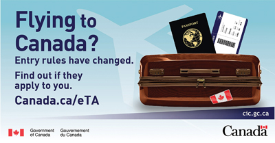 10월부터 항공편으로 캐나다로 들어가는 모든 비자면제국가 국민(미국 시민권 제외)들은 eTA (전자여행허가)를 입국 전에 필히 등록해야 한다
