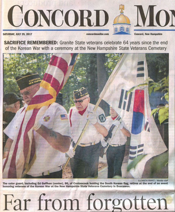 뉴햄프셔 한국전 참전용사 기념행사가 뉴햄프셔주 콩코드모니터(Concord Monitor) 7월 29일자 1면을 장식하는 등 주류언론의 주목을 받았다