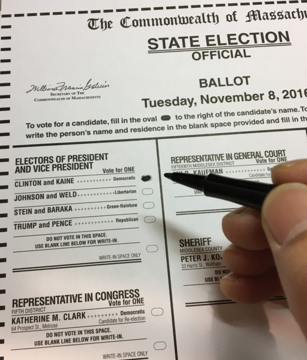 2016년 대선에서 대통령 후보에게 투표하고 있는 한 유권자