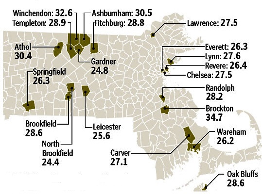 MA 주에서 주택 차압 비율이 가장 높은 20개 지역으로, 숫자는 1,000 세대 당 차압 당한 주택 수를 나타낸다