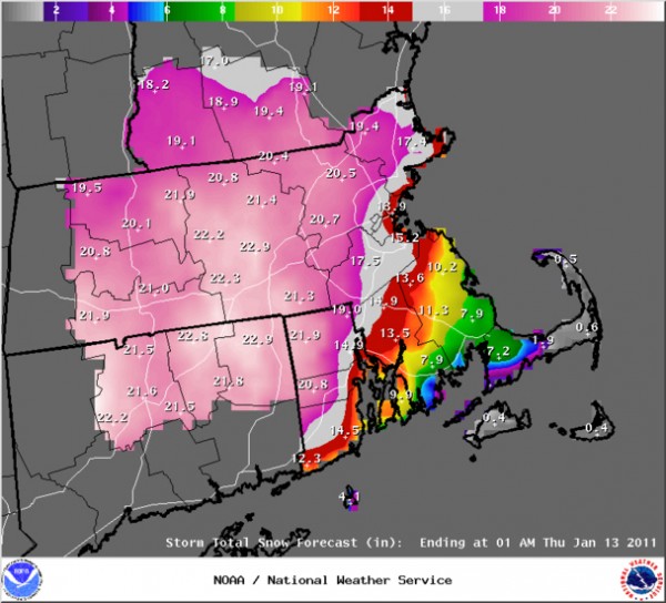 연방 기상청이 발표한 매사추세츠 주의 예상 적설량