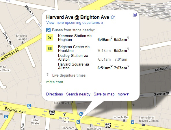 구글맵에서 보스톤 지역 대중 교통의 실시간 도착 시간을 알 수 있다