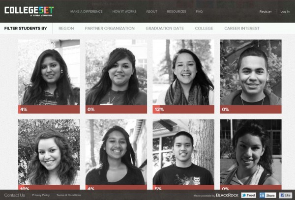 칼리지셋 홈페이지는 학비 마련이 필요한 학생들과 기부를 할 수 있는 사람들을 연결해준다