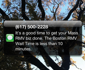 MassRMVWaitTime.com 이 이용자에게 보내주는 문자 메시지