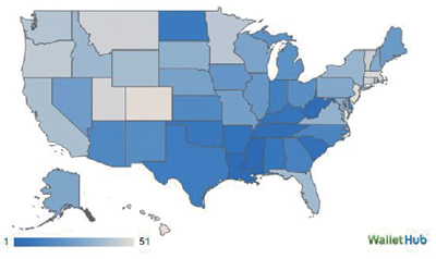 월렛허브의 미국에서 가장 뚱뚱한 주의 순위에 따른 지도. 파란색이 진할수록 비만도가 높은 뚱뚱한 주다