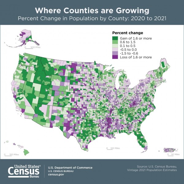 미국 카운티별 인구 증감