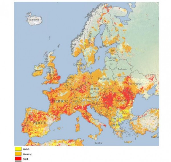 붉을수록 심한 유럽 가뭄 지형도