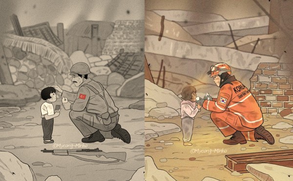 한국전쟁당시 전쟁고아를 돌봐주는 튀르키예(터키)군인의 모습과 지진으로 피해를 입은 튀르키예 아이들을 돕고 있는 한국 긴급구조대의 활동 모습을 그림으로 표현한 명민호 작가의 그림