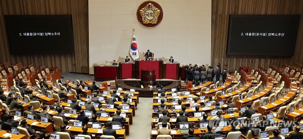 우원식 국회의장이 7일 오후 국회 본회의에서 윤석열 대통령의 탄핵소추안에 대해 의결 정족수 부족으로 '투표 불성립'을 선언하고 있다.