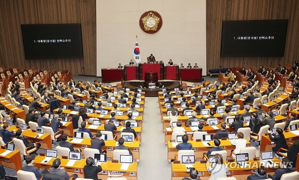 우원식 국회의장이 14일 오후 국회 본회의에서 윤석열 대통령 탄핵소추안을 가결하고 있다.