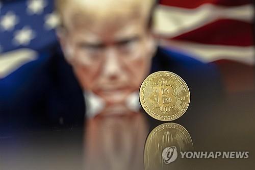 비트코인 모형과 도널드 트럼프 미 대통령의 초상